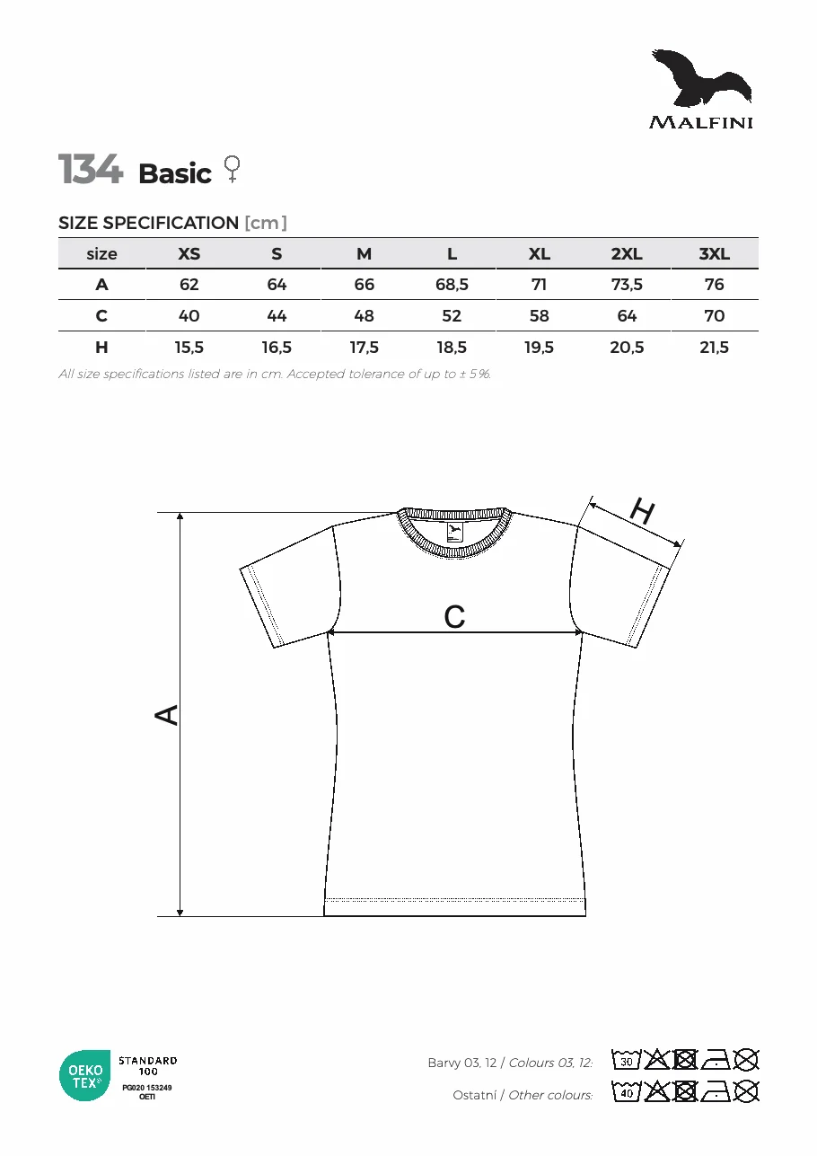 Basic 134 – gyártói mérettáblázat és mérési ábra. Nagyításhoz nyisd meg a PDF-et.