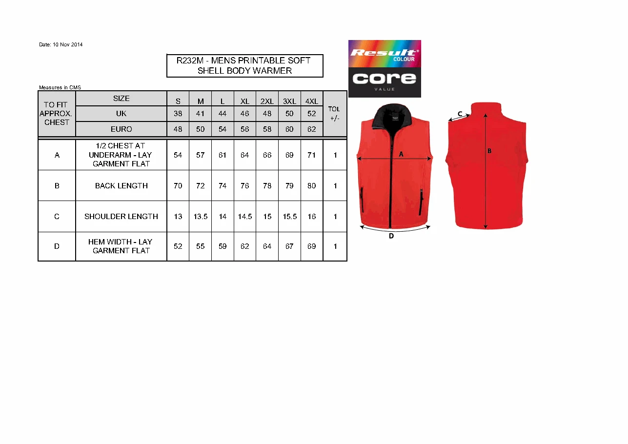 Men's Printable Softshell Bodywarmer – gyártói mérettáblázat és mérési ábra. Nagyításhoz nyisd meg a PDF-et.