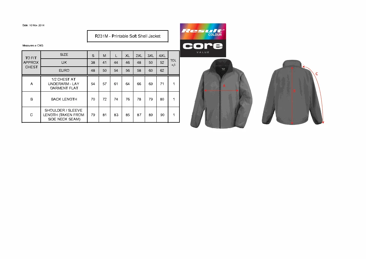 Printable Softshell Jacket – gyártói mérettáblázat és mérési ábra. Nagyításhoz nyisd meg a PDF-et.