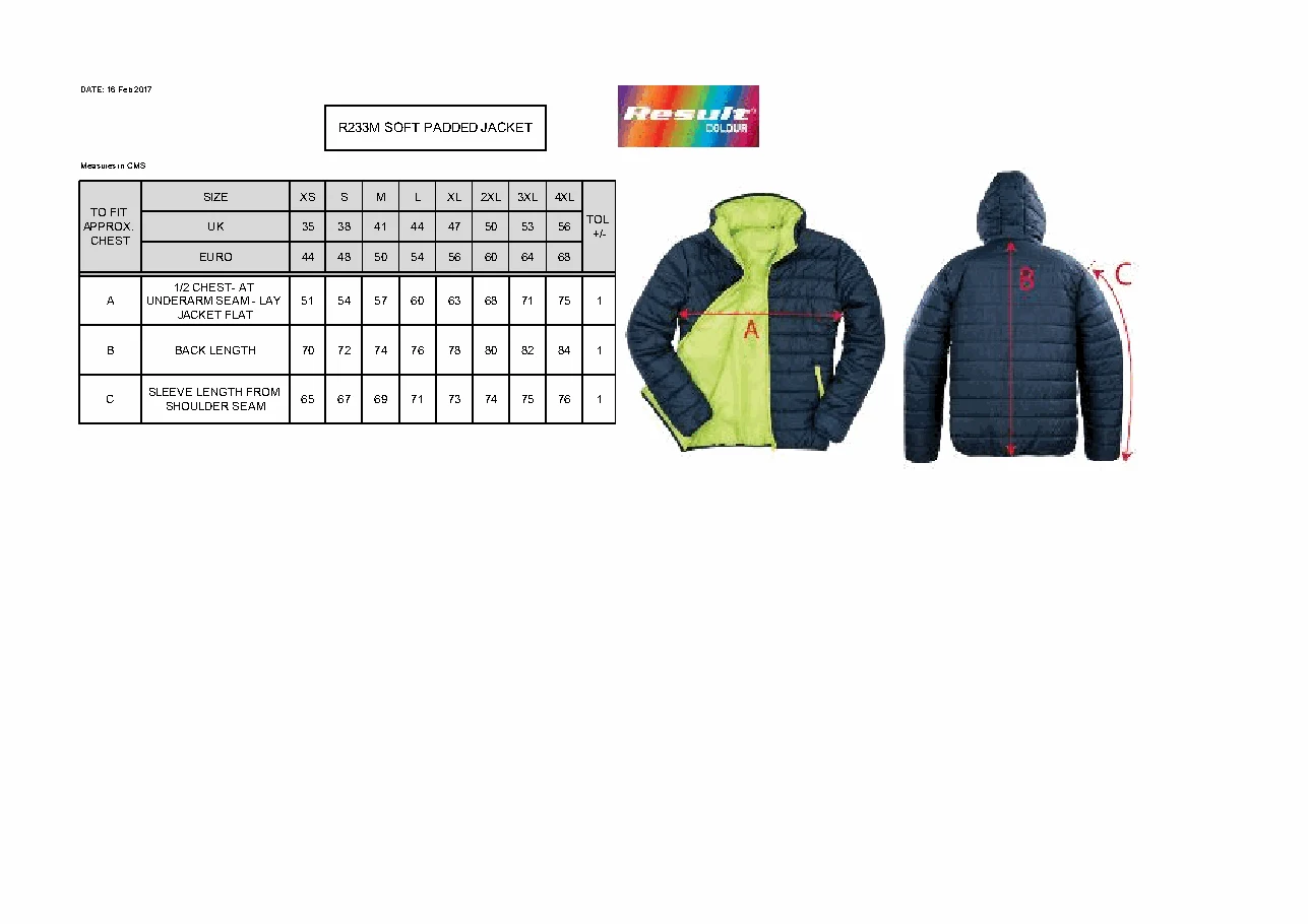Soft Padded Jacket – gyártói mérettáblázat és mérési ábra. Nagyításhoz nyisd meg a PDF-et.