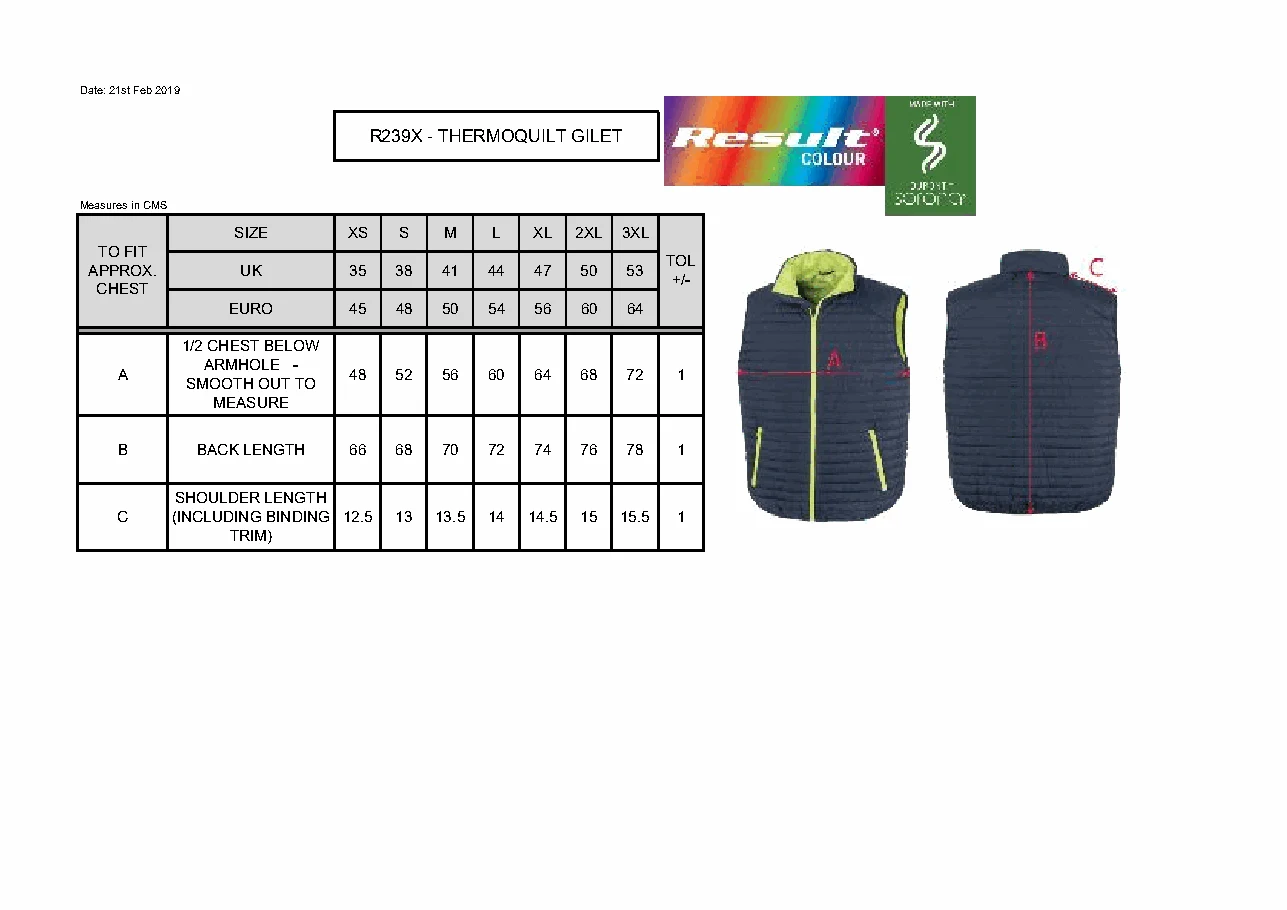 Thermoquilt Gilet – gyártói mérettáblázat és mérési ábra. Nagyításhoz nyisd meg a PDF-et.